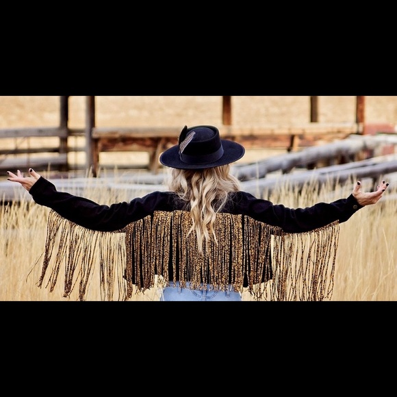 Skully Brand leopard fringe black denim jacket - Picture 2 of 2